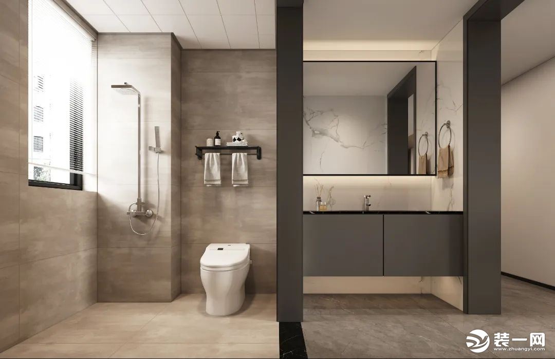 卫生间黑灰色的门框，造就了硬朗和冷静，带着肌理之美，让空间极富质感；方正型镜子搭配和黑灰色柜子让卫浴