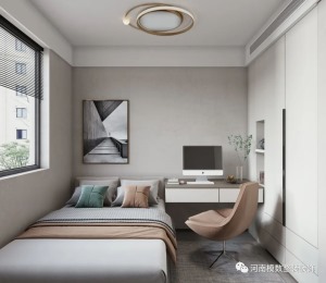 淡雅的颜色和设计  构筑了舒适大气的次卧空间  到顶衣柜连接书桌，整体性更强