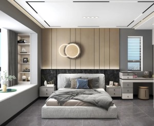 卧室墙面以浪漫柔美的灰色为主，窗帘也选择了贴合卧室色调的拼色风格营造出温馨的睡眠氛围