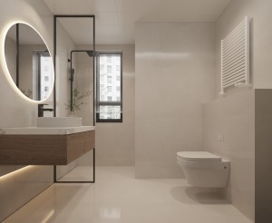 白色的卫生间整洁干净，纯白的洗手台挂着周围会发光的镜子，洗手台上摆放着绿植给空间带来一抹生机，可谓“