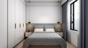 次卧不需要复杂的设计，床头背景墙简单的分色，简单的床头吊灯，营造一个简约温馨的居住环境