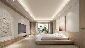 在卧室整体设计上通过软装与空间结构，表达了一种自在间的艺术格调气息。