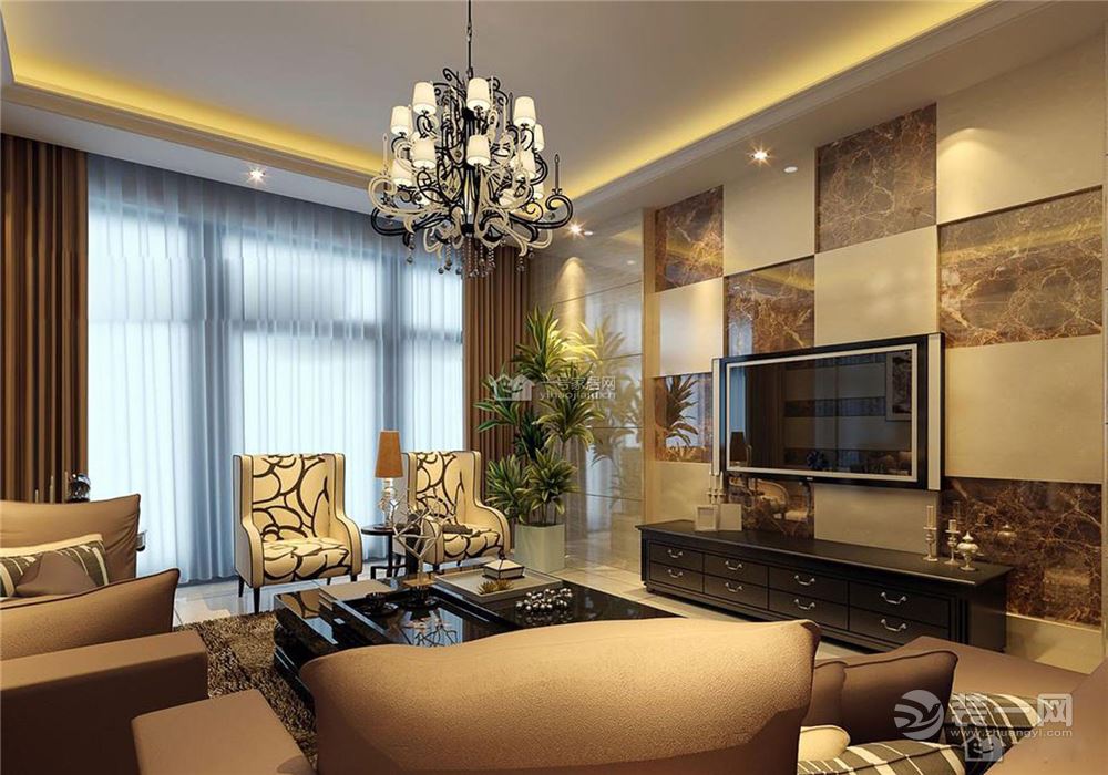 现代简约风格，电视背景墙材质用大理石铺贴，简单大气，室内为暖色调。