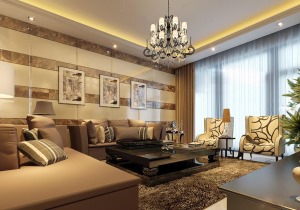 现代简约风格，电视背景墙材质用大理石铺贴，简单大气，室内为暖色调。