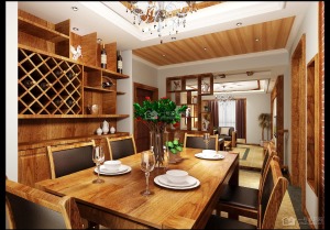 餐厅 东南亚风格浓郁，放眼望去都是木质家具。吊顶也采用木质结构，时尚温馨。