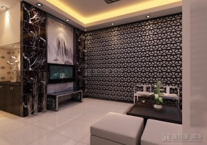 客厅背景墙采用黑色雕花木隔板作为装饰，时尚大气。