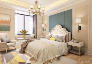 。床头背景墙是浅蓝色，和整个房间的色彩做了一个鲜明的对比，使整个卧室不那么单调。
