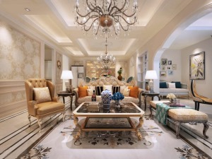 溫和的燈光，歐式沙發，別樣的吊燈，使客廳更溫和。