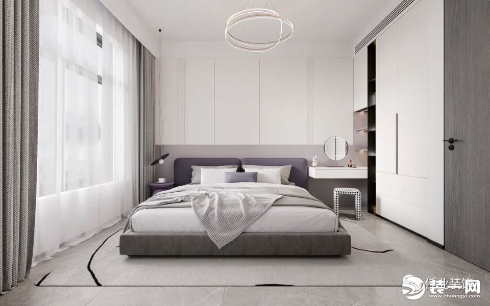 卧室整体延续空间的简约美感，而设计师以“内核”作为设计主线，在有限的区域内创造环环相扣的层次感。