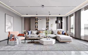 客厅空间采用低饱和色系渲染，和通透光线形成有机反应效果，成就明暗交织的环境气质。