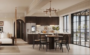 開放式廚房空間，增強了空間的通透感與互動性。中古風的藤編弓形椅，搭配棕色的實木大餐桌，無論是裝飾性還