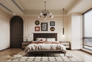 卧室区域用胡桃木色搭配乳白色，温暖淡雅，舒适愉悦。简洁的搭配设计，让空间更加自然清透，时光定格于此。