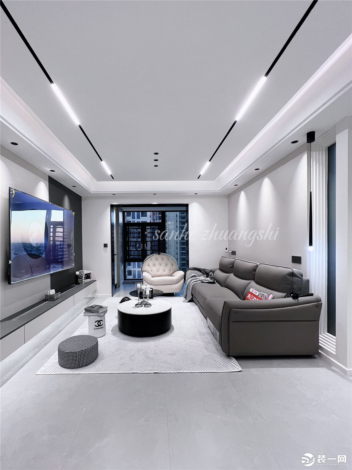 【三合装饰】紫台106平现代黑白灰风格装修完工实景案例客厅