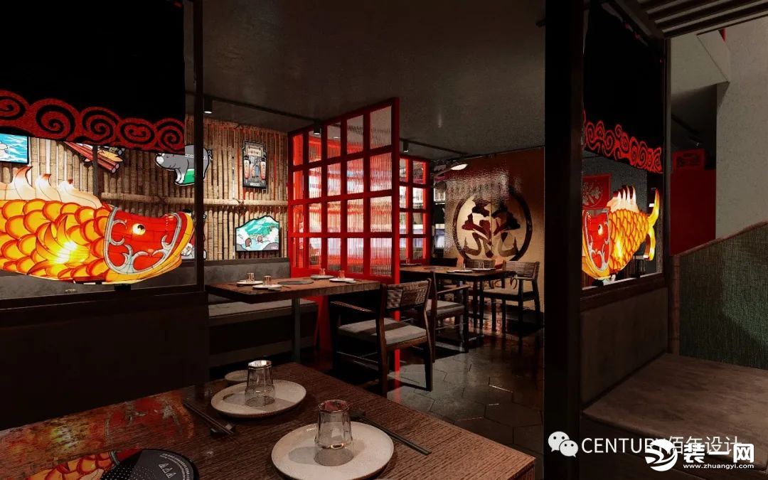 餐厅空间内的设计语言也从“夏日横丁+大众酒场”中提取：夏花，小吃档，星火般绚丽的红色，黑豚秋田的玩偶