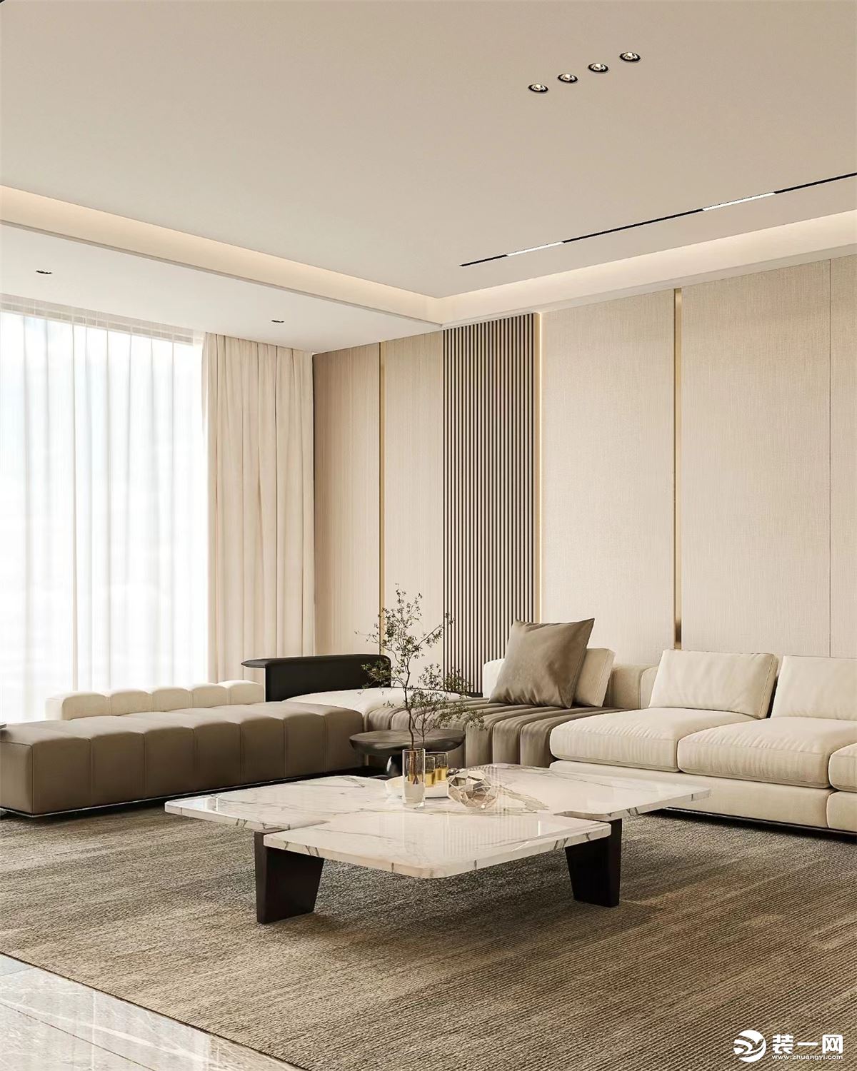 沙发墙一般也会采用同电视墙一样的材质或者墙板、皮革硬包等结合使用 也会镶嵌轻奢风代表性的元素金属线条