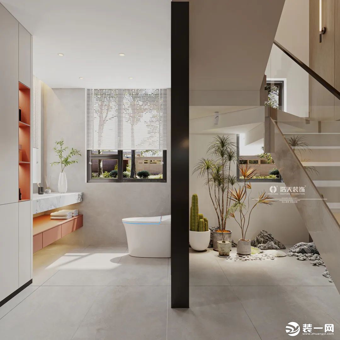 结合建筑的优势，设计师将光影引入公卫和楼梯间。一侧橙色的点缀一侧绿植的装点，唤起空间活力。
