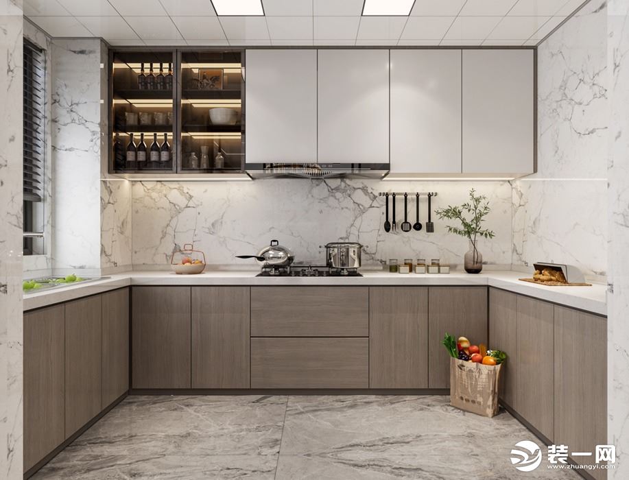 厨房的设计，采用了明厨的理念除了墙地面色彩的搭配，橱柜的选择也考虑的上下撞色。