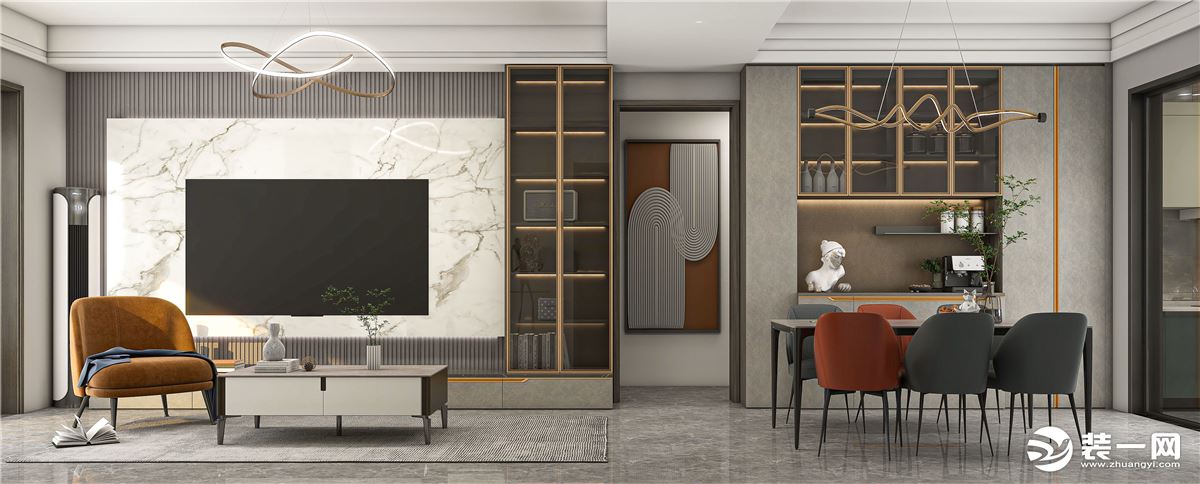 客厅电视柜采用柜子加岩板背景墙的设计手法，两种材质结合