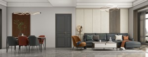 沙发背景墙运用了同柜体花色跟黄铜拉丝收口线条的点缀背板，增加了轻元素，使整体效果更具有质感。
