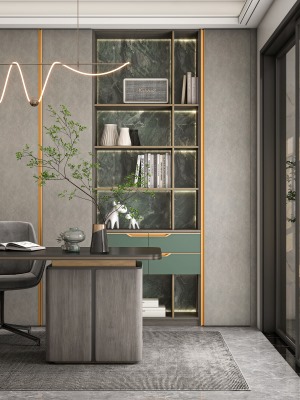 在整个柜体设计增加了黄铜拉丝铝框玻璃门与开放柜的虚实结合让空间更大气。