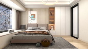 主卧在软装床品的选择上，以暖色调为主，墙上挂画的放置增加了床头背景墙的丰富感。