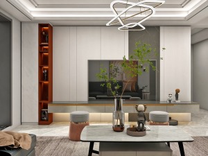 客厅中间螺旋形的吊灯，让整个空间看起来更具有层次感。