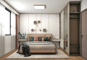 次卧:房间整体空间非常大，现代轻者风格非常浓厚，浅灰色的大床给空间带来了非常宽敞舒适的感觉