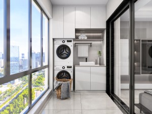 洗漱柜+吊柜设计，增加阳台功能，洗衣机和烘干机解放阳台的晾衣功能，使阳台变成一个居家休闲区，增加生活