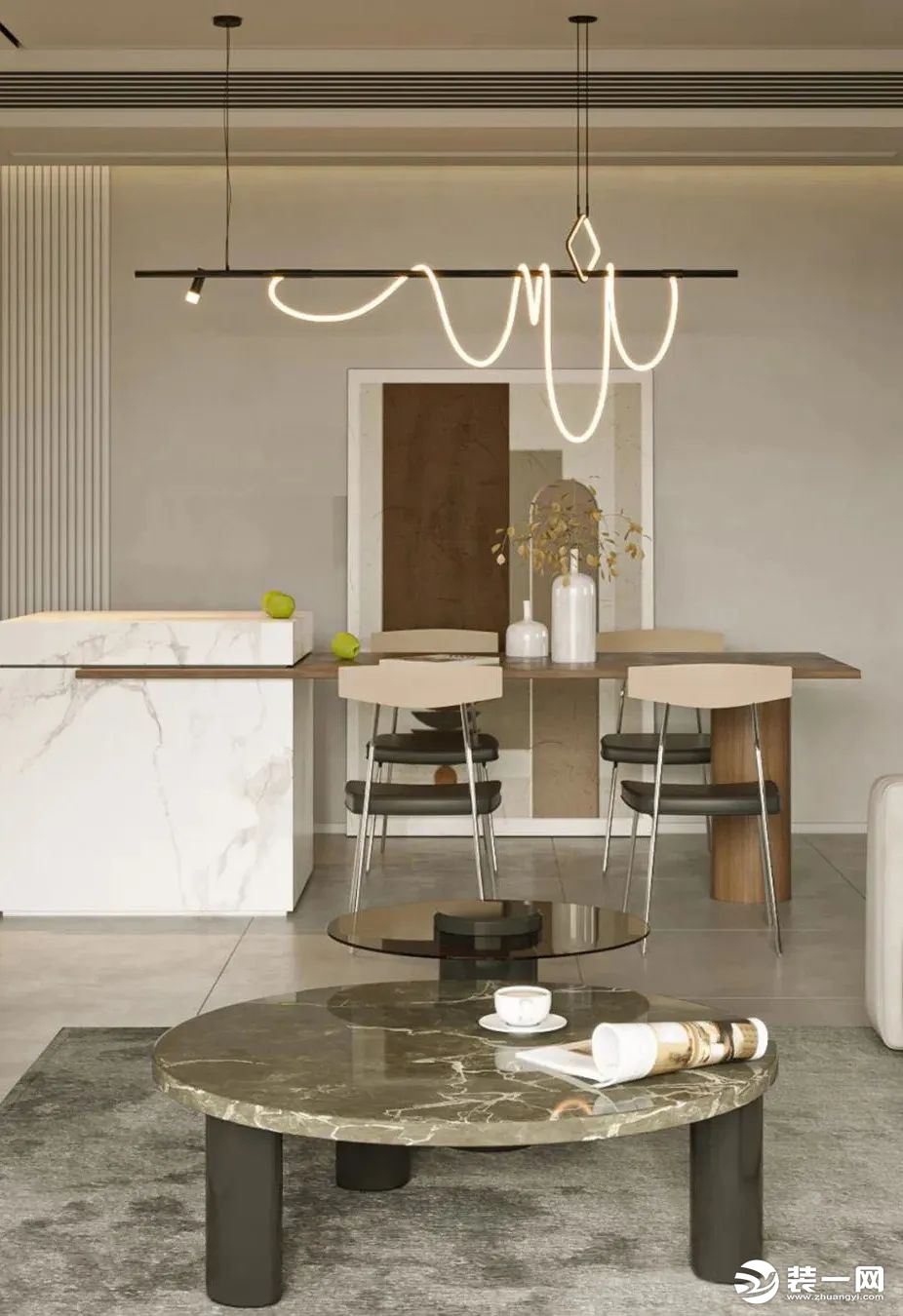 餐厅，餐岛一体式设计，现代素雅的餐桌椅布置，背景墙精致简约的落地画，不规则环形吊灯增加空间的层次感和