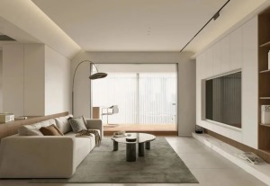 客厅，整体空间以现代风的硬装基础，通过无主灯设计、简约的软装，大面落地窗保障采光，搭配出一种时尚优