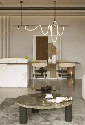 餐厅，餐岛一体式设计，现代素雅的餐桌椅布置，背景墙精致简约的落地画，不规则环形吊灯增加空间的层次感和