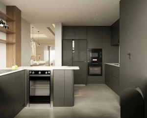 厨房，以高级灰彰显出空间的平和冷静，定制整排高柜设计，将冰箱等厨用电器嵌入高柜内，为空间提供大量储物