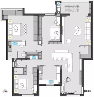 本案采用LDK一体化设计，共享着居室的核心区域，兼顾功能区和家人情感上的互动。功能完善动静分离、干湿