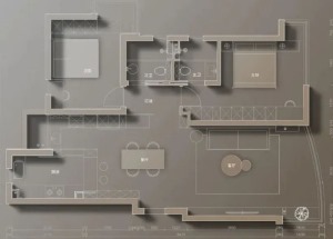 客厅和餐厨区处于同一水平线，呈现一个长方形的格局，生活动线合理，主卧与次卧分布两端，动静区划明显