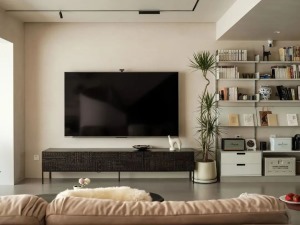 簡潔的電視墻以樸素的設計基調，搭配沉穩的木質電視柜，連接滿滿的收納置物架，盡其所能地發揮收納功能