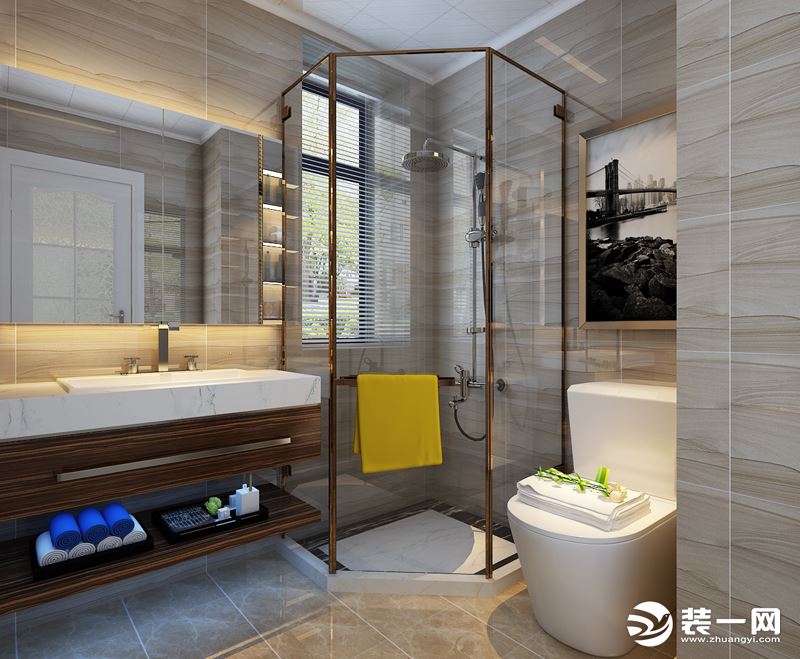 深棕色的浴室柜摆设，让轻奢风的气质自然流露，卫生间干湿分离打造高品质生活。