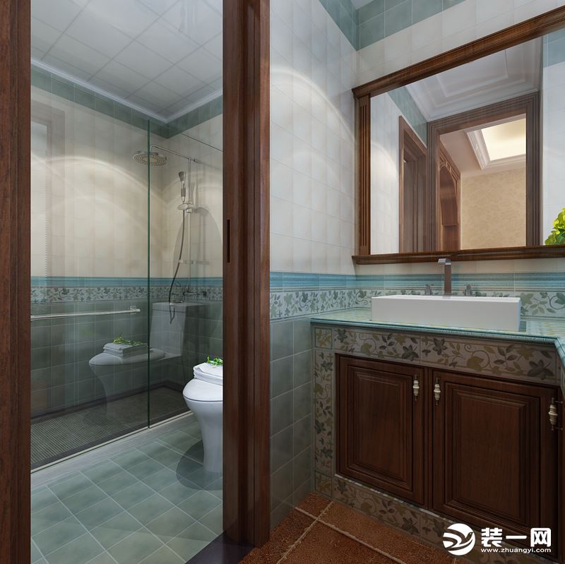 美式风格的实用性同样适用于卫生间，洗漱区和淋浴房、坐便区分隔开来。保证隐私的同时也更方便打理卫生用品