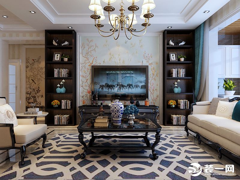 欧式的家具，简约的造型。整个客厅营造出一种高贵典雅的气息。