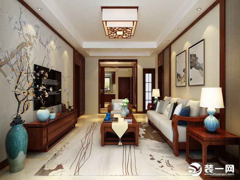 客厅中式风格的古色古香与现代风格的简单素雅自然衔接，使生活的实用性和对传统文化的追求同时得到了满足。