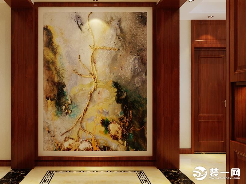 对称式的玄关以一幅风景画为背景，展现了浓浓的中国风。