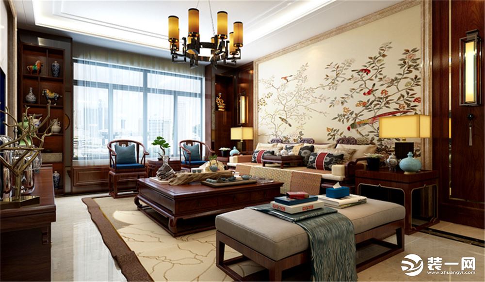 客厅沙发背景墙更加讲究对称，选用古色古香的家具，传递出了中国文化的深渊、悠久、厚重、优雅的文化氛围