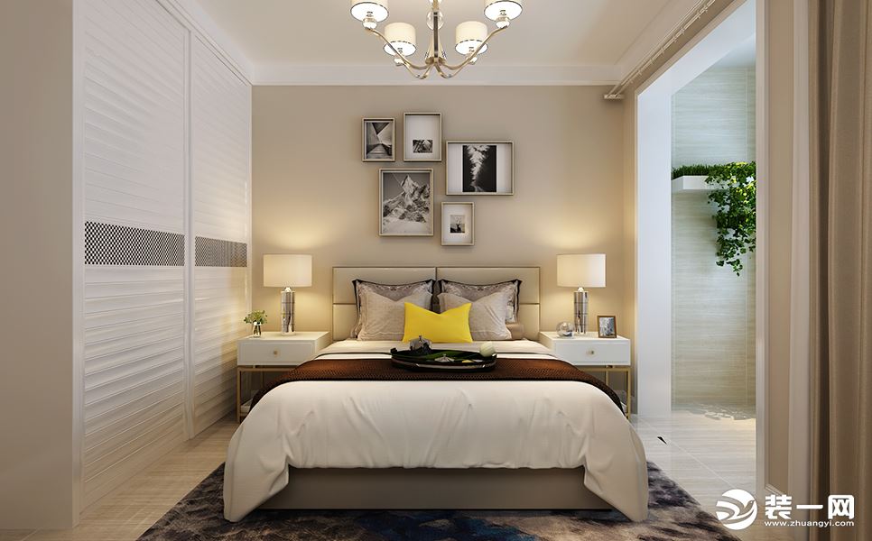 卧室整体沿用素雅柔和的色调，白色的衣柜，白色的床品，让人的神经舒缓下来。