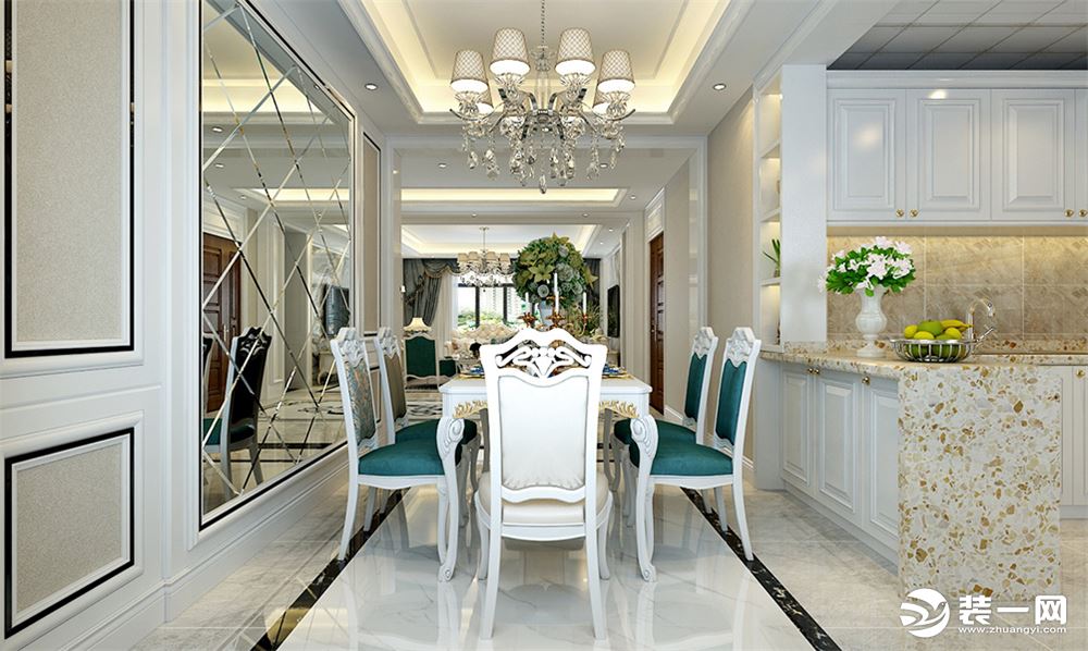 客餐厅一体，餐厅柔和且素雅的色彩，镜面墙壁，让空间宽敞明亮。