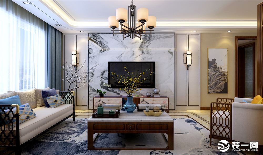 客厅电视背景墙是简洁的大理石质感，避开了较多的复杂装饰，将中国传统画的意境很好的体现出来。