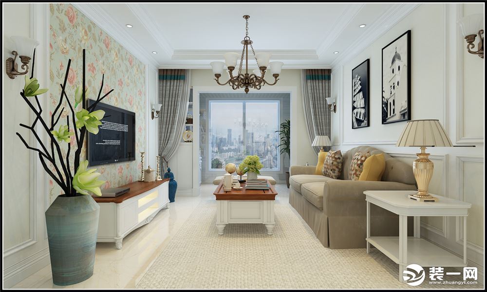 客厅主要以以白色为主基调，灰色的布艺沙发搭配黄色的靠垫，打造出一个简洁精致的待客空间。