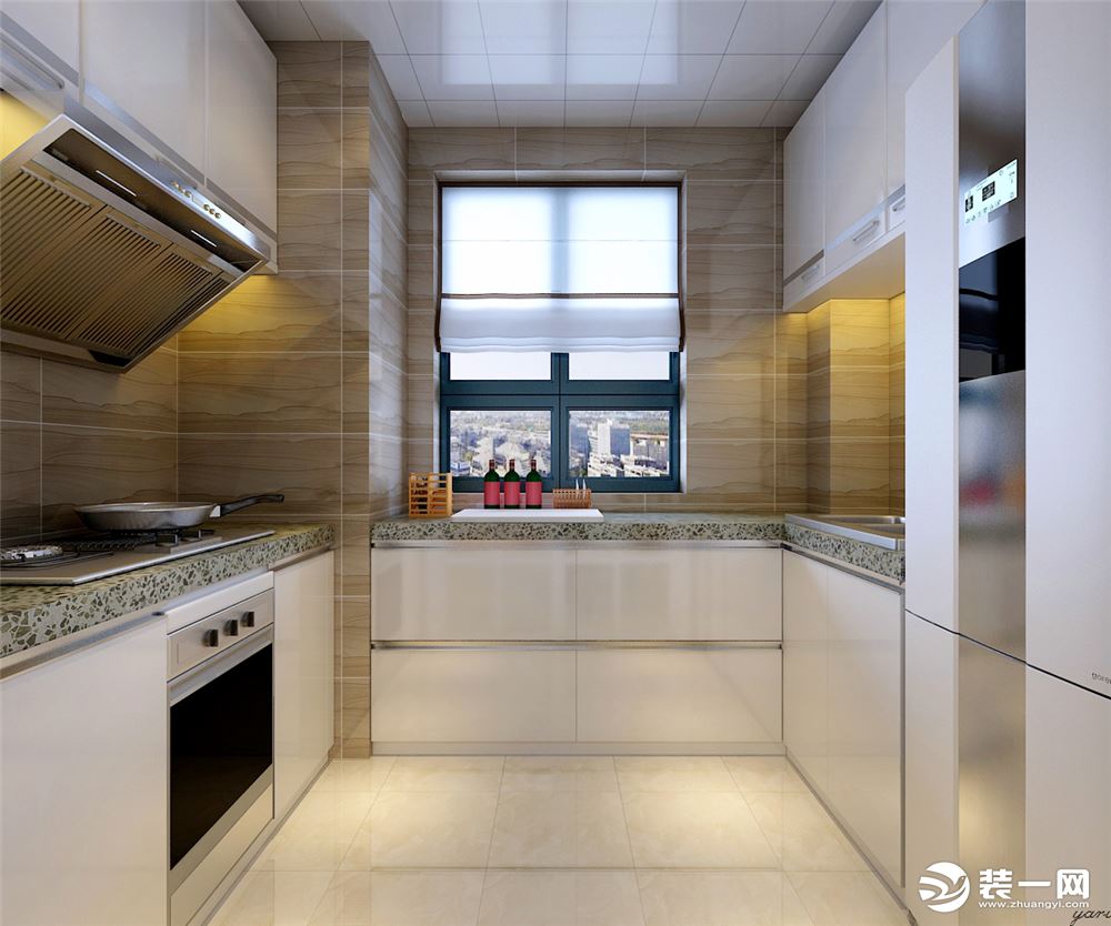 厨房需用白色橱柜，大理石纹理砖上墙，电器也做了嵌入式处理，满是现代风。