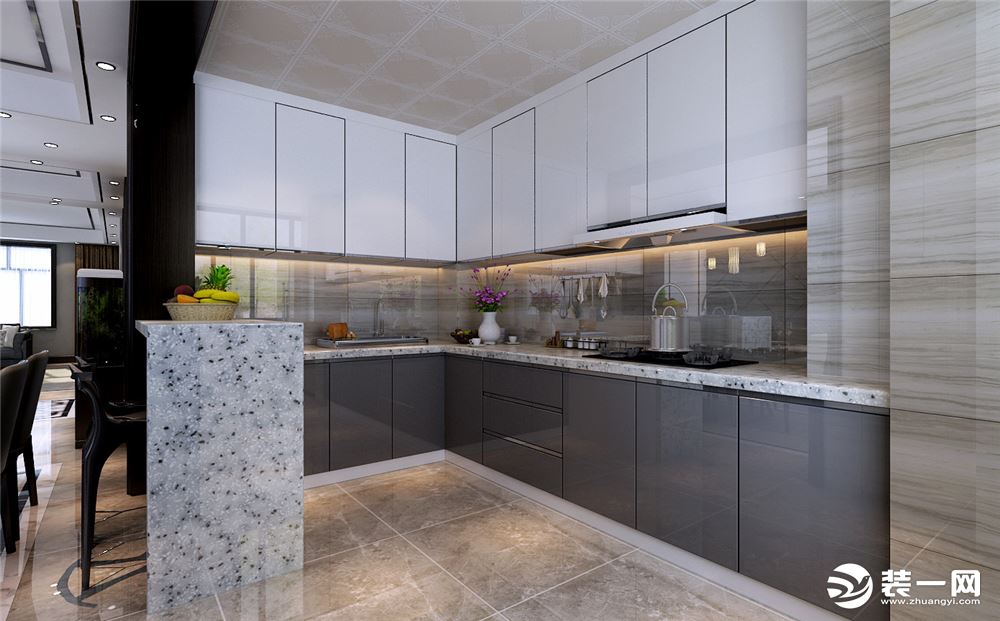 开放式厨房L型设计，扩大了厨房的活动区域，高柜的设计增加了空间利用率。