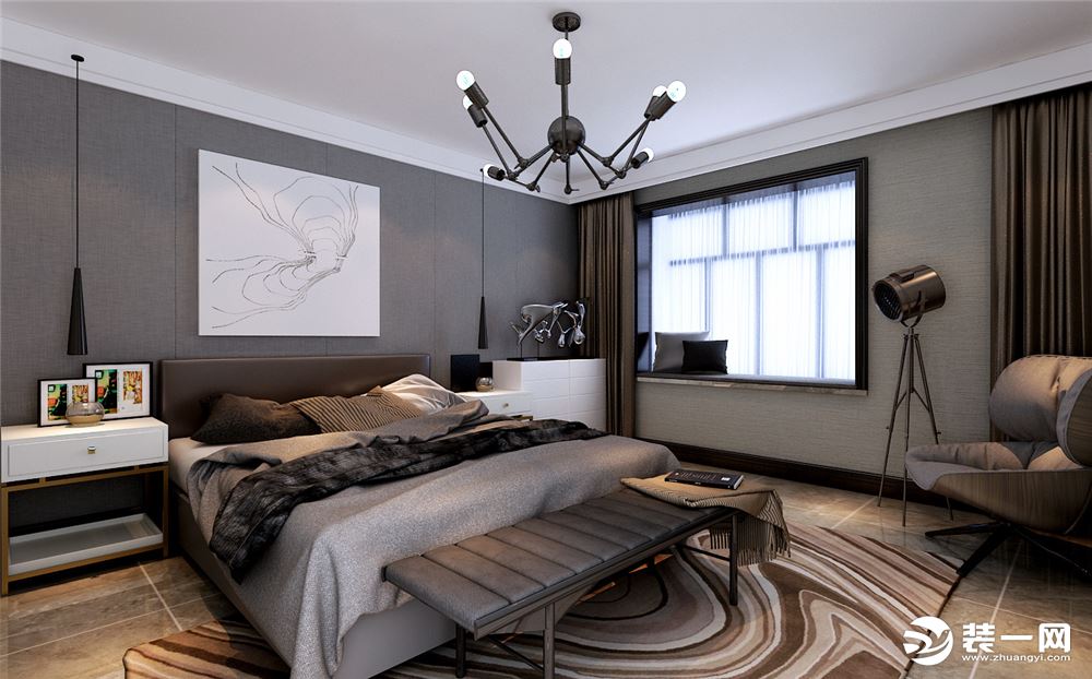 卧室整体灰色设计，呈现出一个奢华又不失品味的卧室。