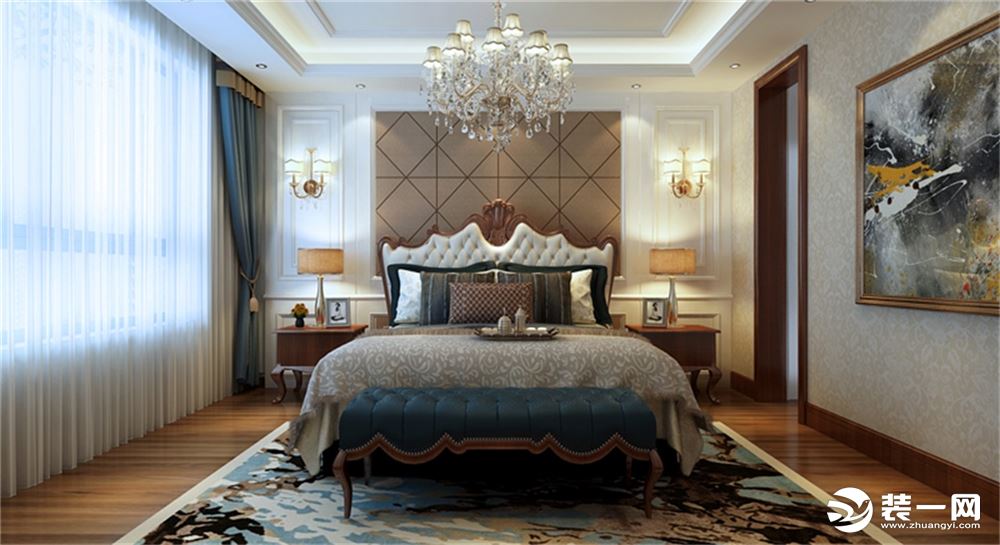 卧室也是延用简欧家具，棕色的地板，一幅油画，打造了典雅、大气的空间。