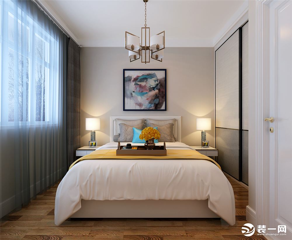 卧室是木地板，搭配白色柔软的床品和柔和的灯光，营造了一个温馨舒适的休息空间。